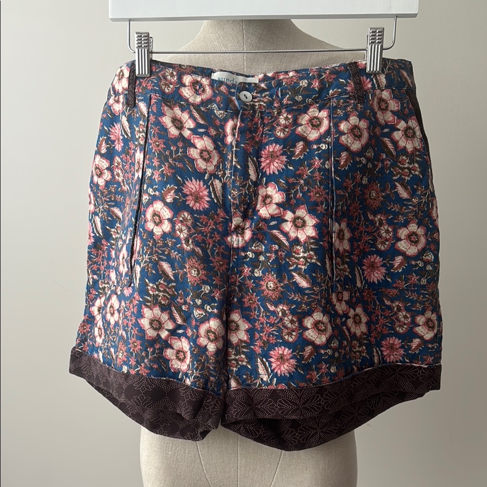 Sundance Shorts Women's Large Kalini Floral Print Linen Blend Boho Patchwork